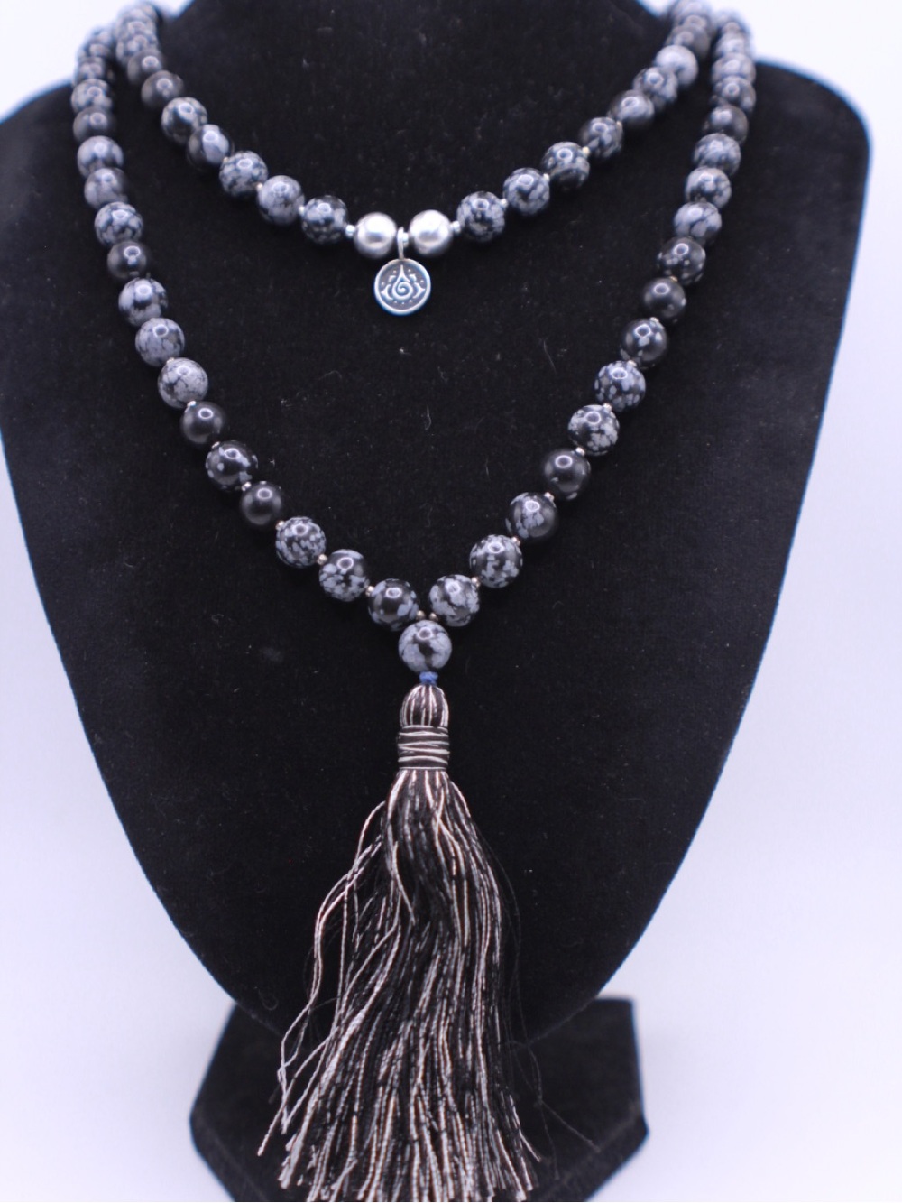 handcrafted 925 Sterling Silver Snowflake Obsidian Japa Mala strand necklace